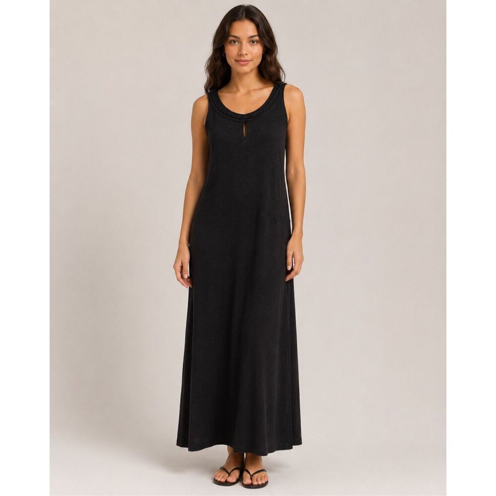 Talbots Braided Neckline Black Maxi Dress Medium Petite Modal Blend #500